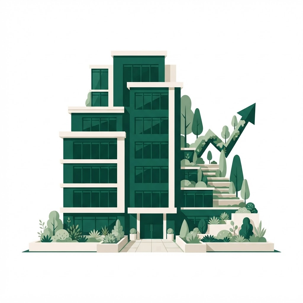 Flat illustration of a modern green headquarters building with ascending trees