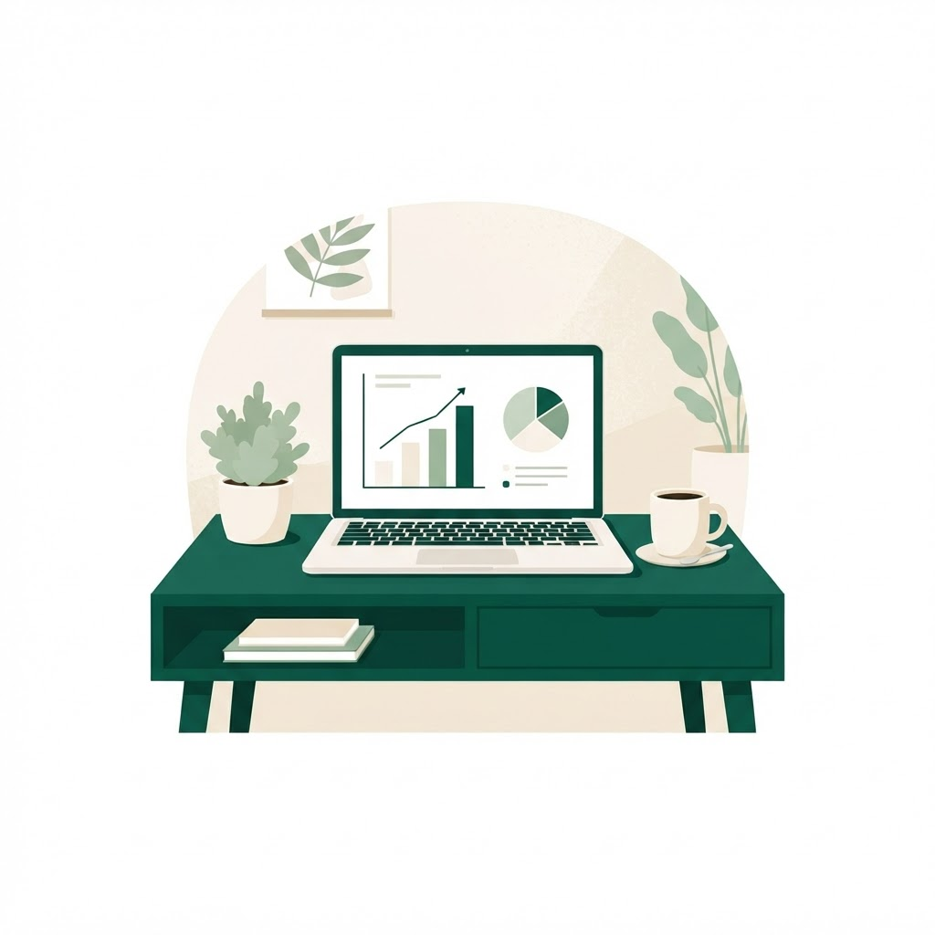 Flat illustration of a founder desk with a laptop showing a pitch deck
